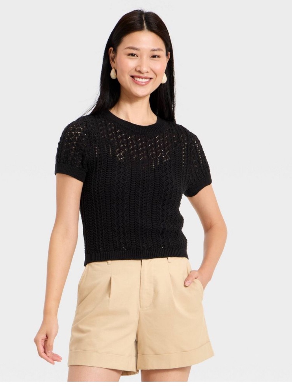 NWT a.new.day Women’s Short-Sleeve Cable Knit crochet Sweater - Black, Size S